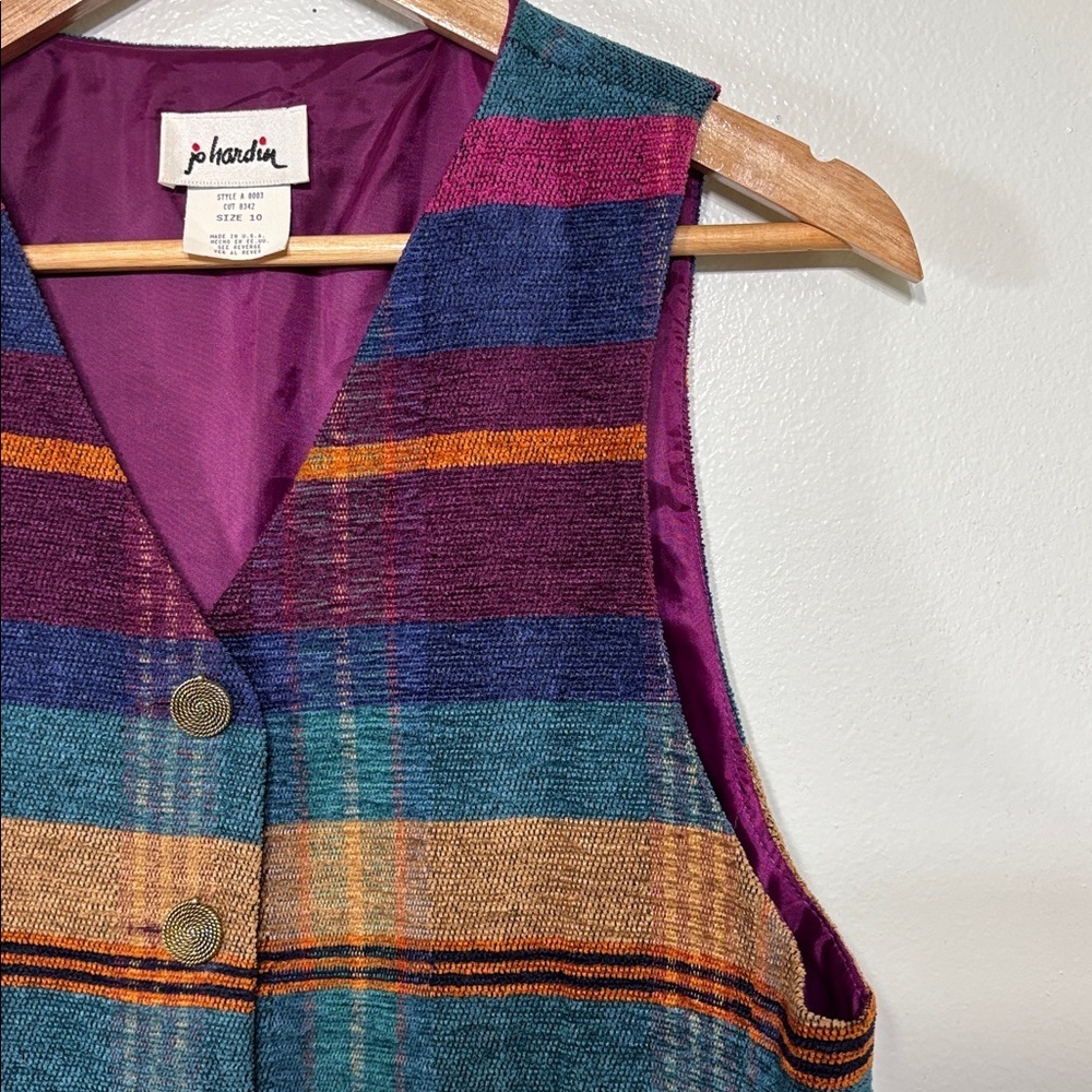 Vintage Jo Hardin Multi Color Striped Satin Lined Tapestry Style Vest Size 10 - Picture 4 of 5